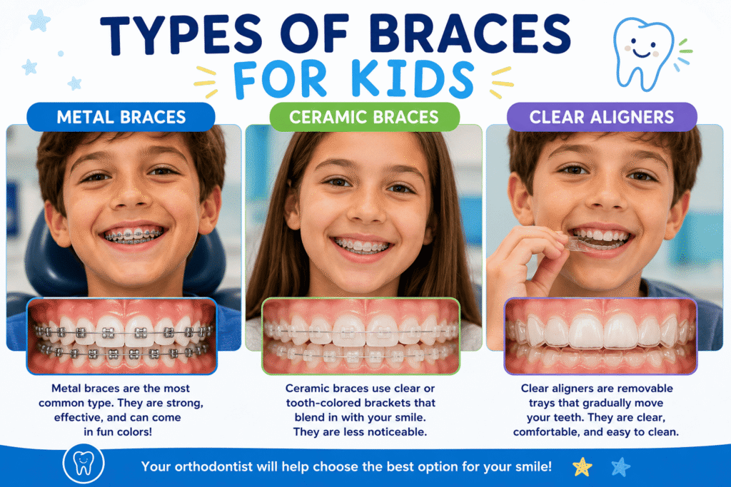 "types of braces for kids metal ceramic clear"