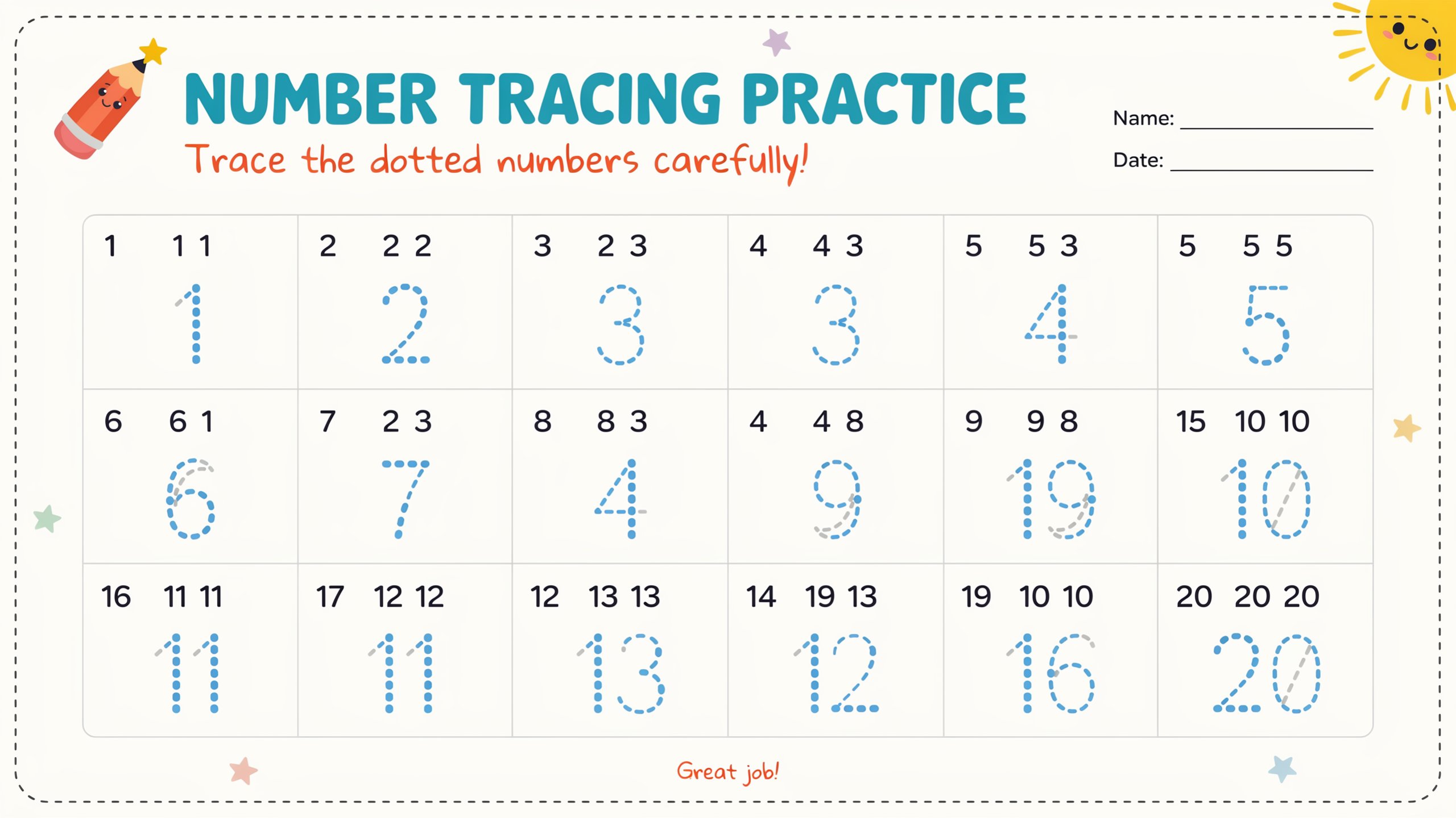 Number Tracing Worksheets 1–20 Tracing
